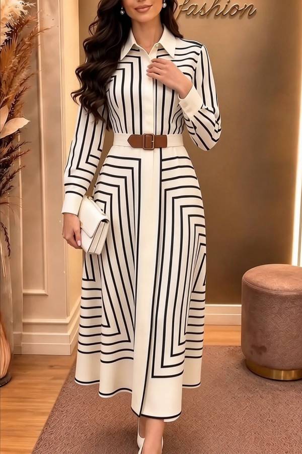 Maderia Geometric Lines print Long Sleeve Belted Shirt Midi Dress