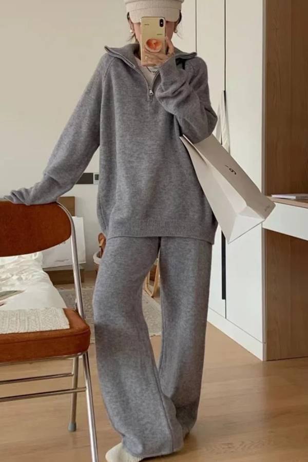 Casual Lapel Sweater and Wide-leg Pants Two-piece Suit