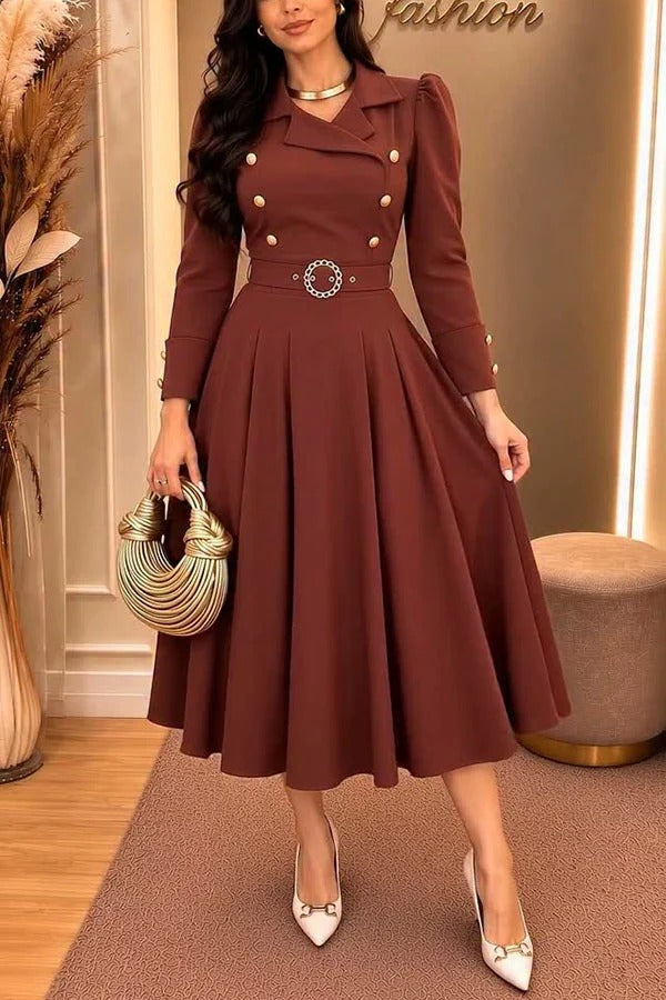 Velora Double Metal Buttons Long Sleeve Belted Pleated Hem Lapel Midi Dress