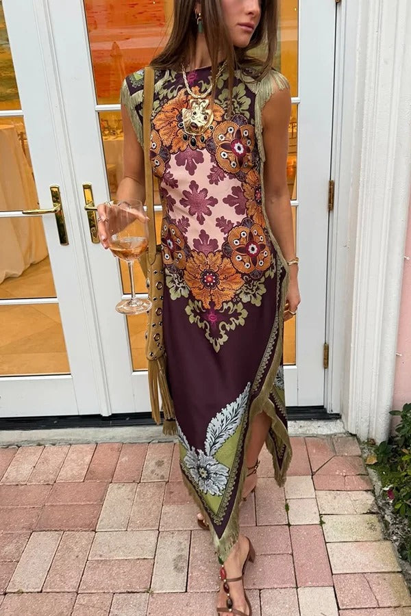Bohemian Style Floral Print Tassel Trim Irregular Hem Slit Scarf Midi Dress