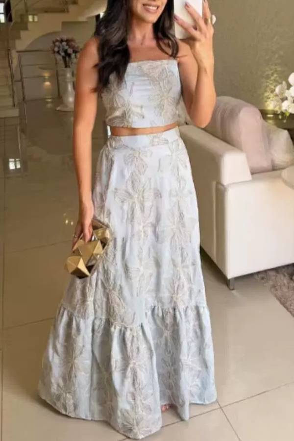 Fashion Sexy Suspender Top Elastic Waist Long Skirt Set