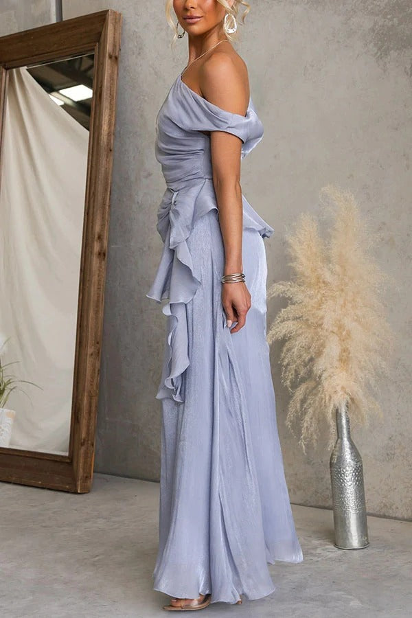 Yara Metallic One Shoulder Ruched Ruffle Hem Top and High Rise Flare Maxi Skirt Set