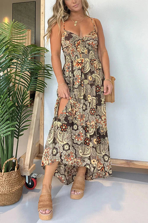 Neck Back Lace-up Slit Floral Print Maxi Cami Dress