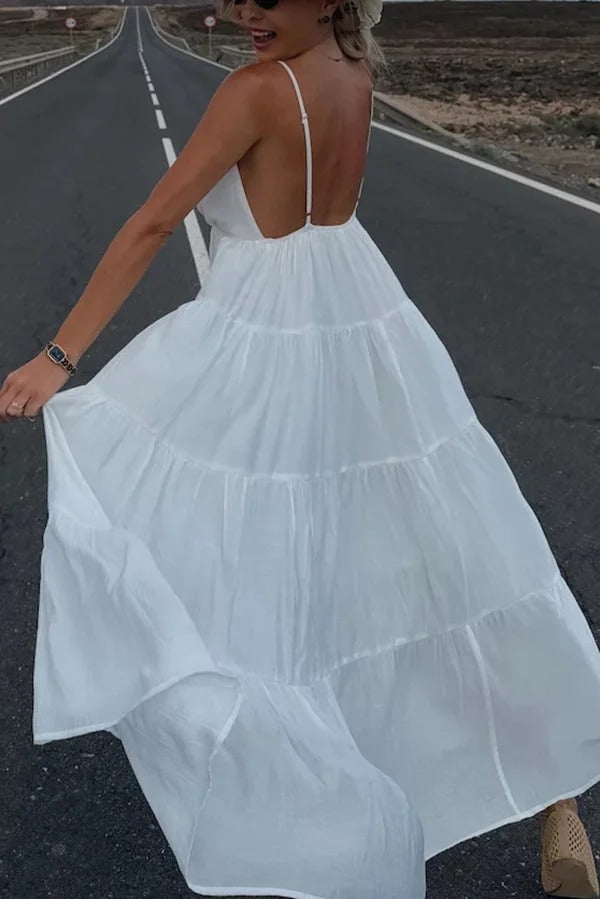 Bohemian Style V-neck Backless Slip Layered Vacation Maxi Dress