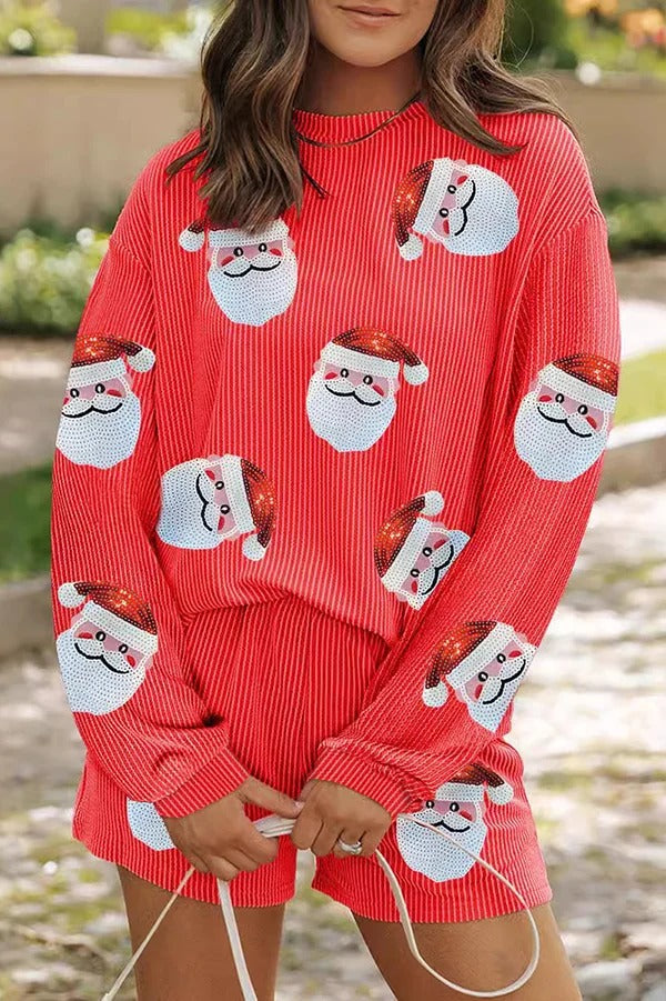 Christmas Sequined Loose Long-sleeved Top and Elastic Waist Casual Shorts Set