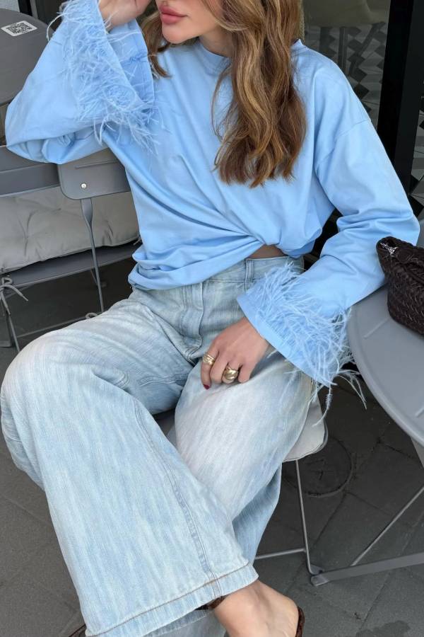Feather Cuff Loose Long Sleeve Top
