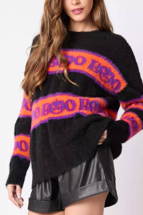 Halloween Letter Pumpkin Round Neck Sweater
