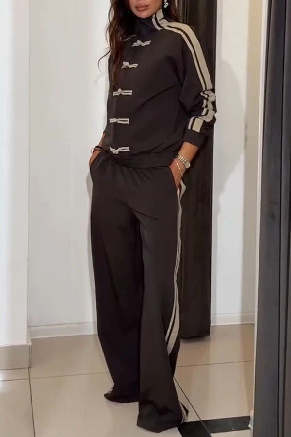 Fashionable Sporty Stripes Long Sleeve Knotted Button Jacket and Elastic Waist Pocket Pants Set