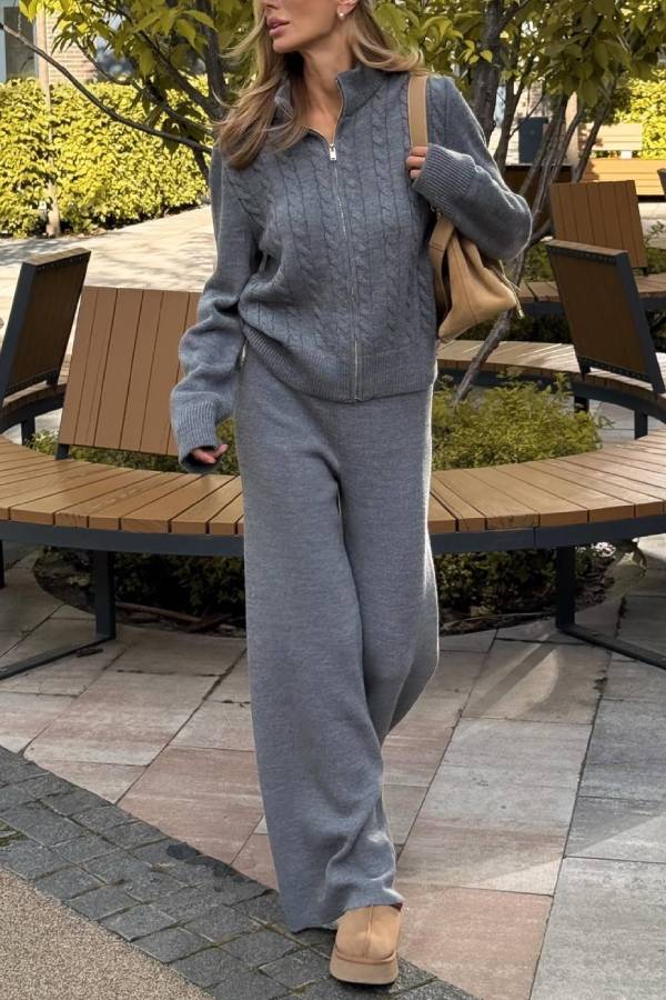 Stand Collar Zip Cable Knit Two Piece Set