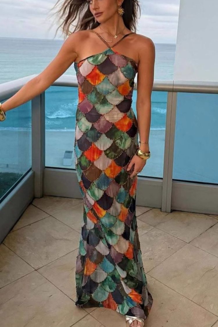 Little Mermaid Colorful Scales Print Halter Maxi Dress