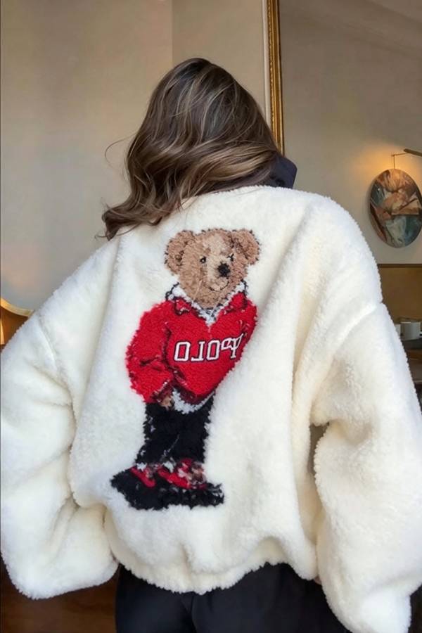 Cute Bear Print Colorblock High-Pile Fleece Zipper High Neck Long Sleeve Pocket Sweatshirts
