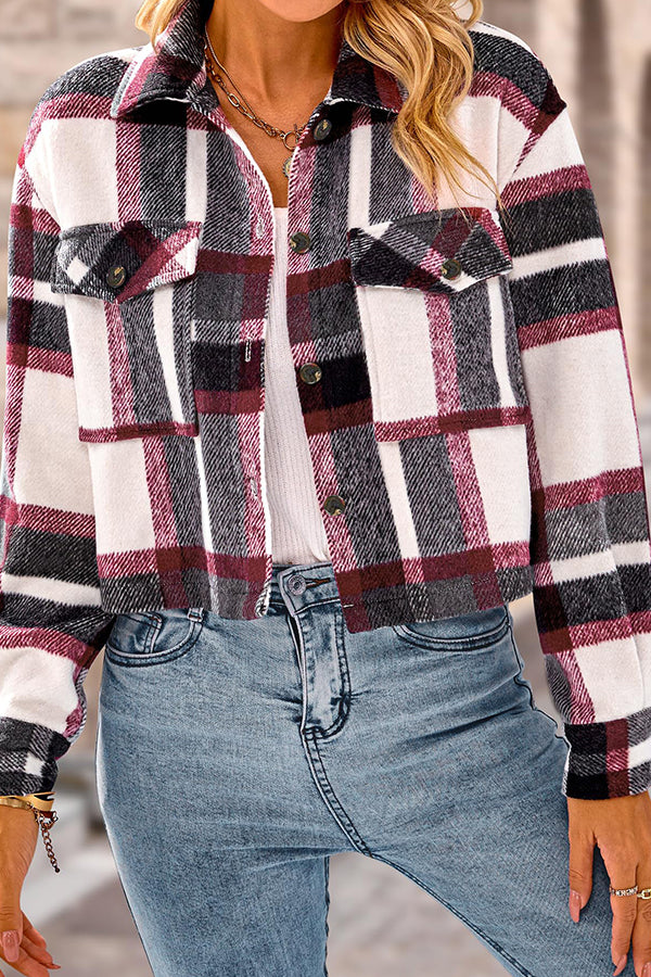 Lapel Pocket Fashion Casual Cropped Ladies Plaid Jacket