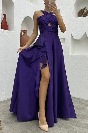 Perfect Soiree Crossover Neck Back Tie-up Ruffles Slit Maxi Dress
