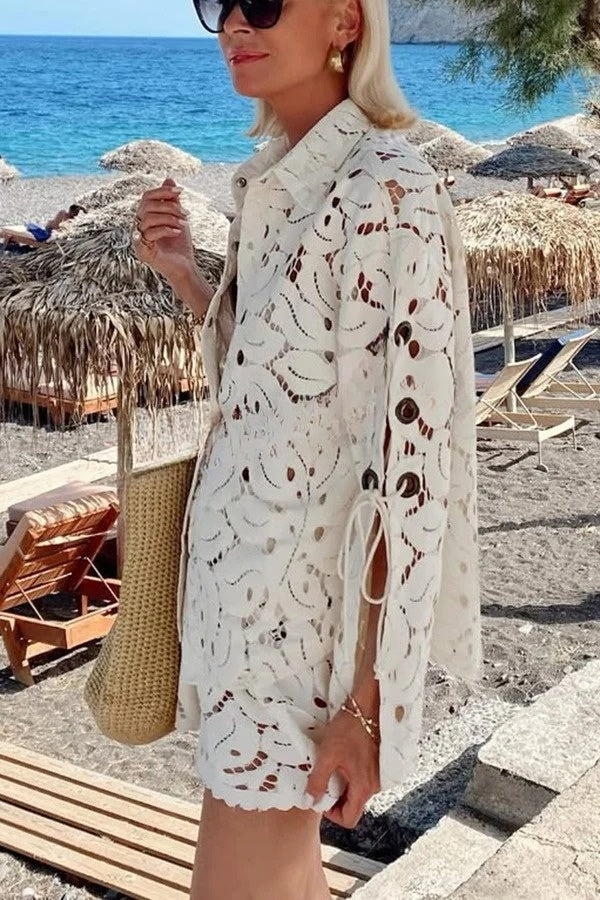 Always Favourite Lace Hollow Tie-up Slit Long Sleeve Shirt and Elastic Waist Shorts Set