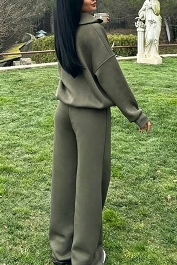 Stylish Half-open Zipper Pullover Sweatshirt and Elastic Waist Wide Leg Pants Set