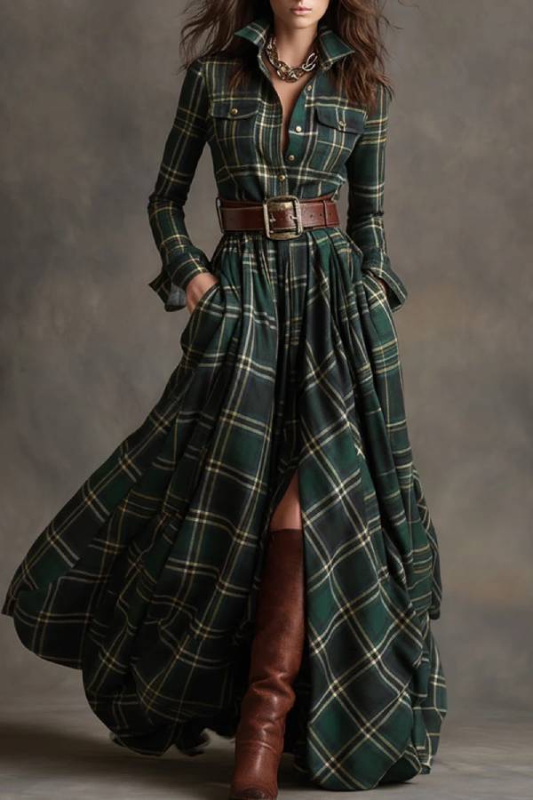 French retro waist long sleeve chiffon dress