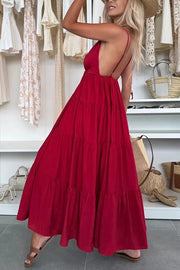 Bohemian Style V-neck Backless Slip Layered Vacation Maxi Dress