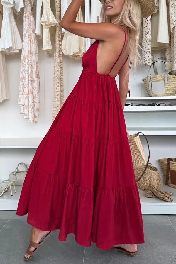 Bohemian Style V-neck Backless Slip Layered Vacation Maxi Dress