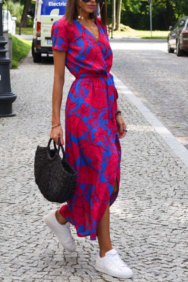 V-neck slit mid-length jumpsuit