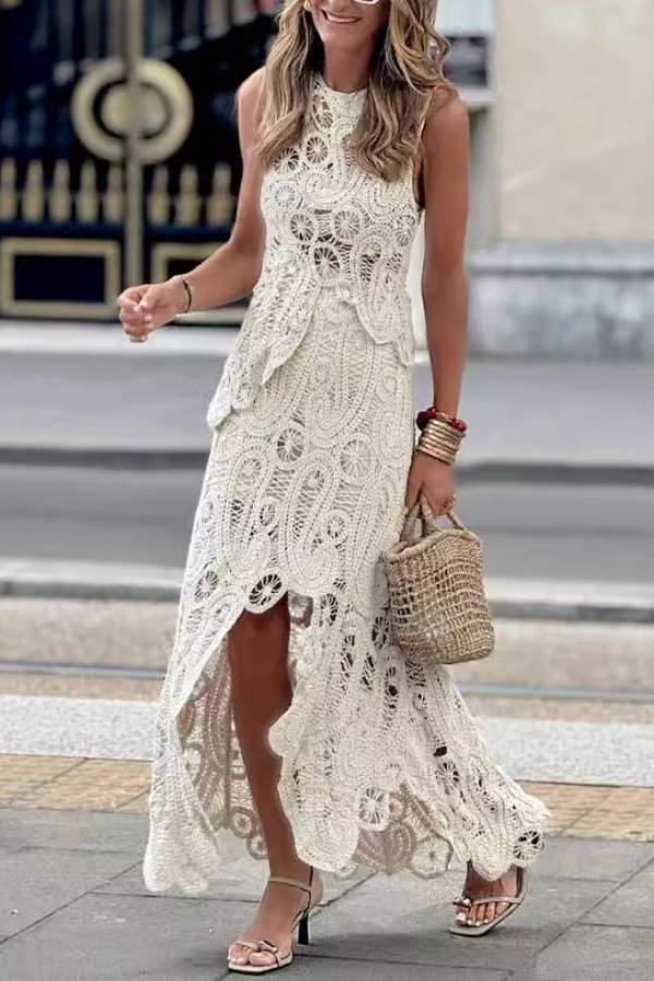 Sleeveless Hollow Crochet Lace Two Piece Maxi Skirt Set