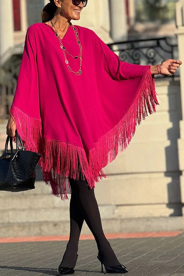 Elevate Your Wardrobe Batwing Sleeve Tassel Trim Cape Mini Dress