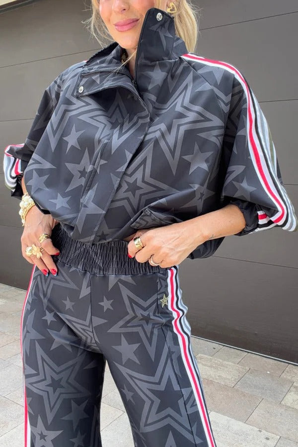 Rylee Colorblock Striped Star Print Zipper High Neck Pocket Sporty Jacket