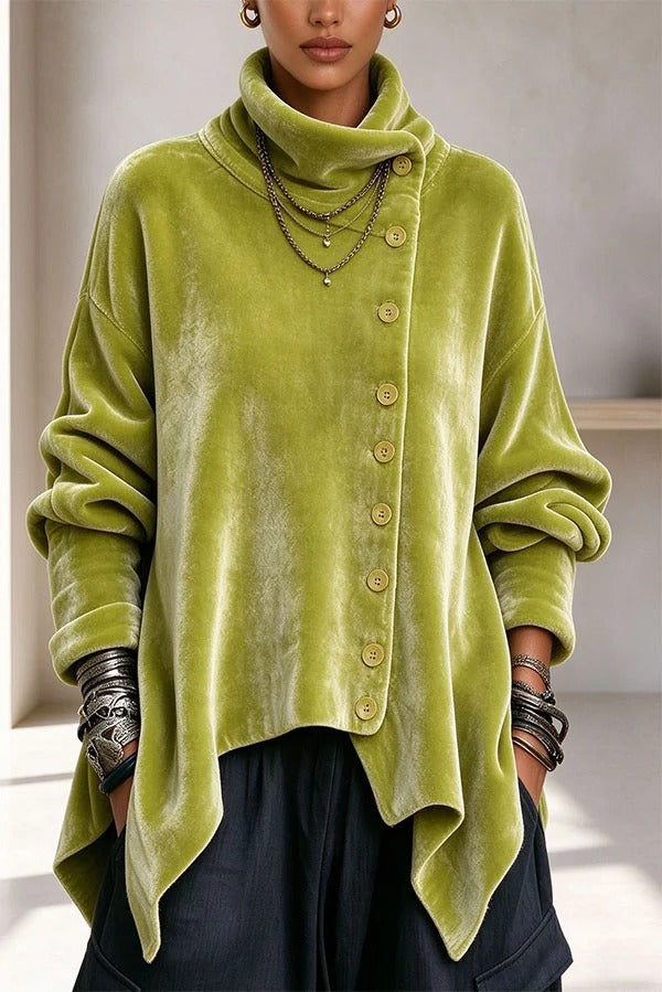 Casual Chic Velvet High Neck Long Sleeve Button Detail Asymmetrical Hem Top