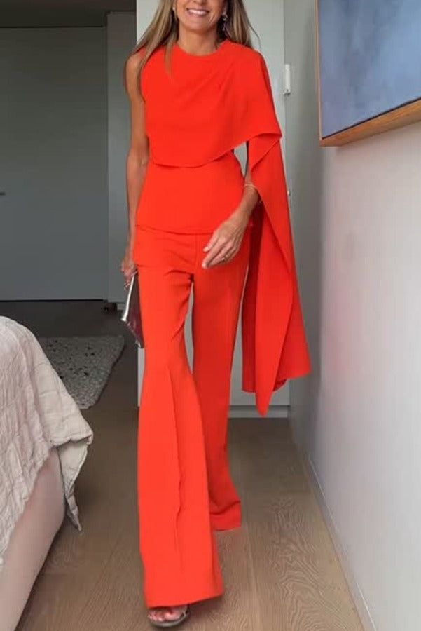 Perfect Balance Asymmetric Draped Cape Top and High Waist Flared Pants Set