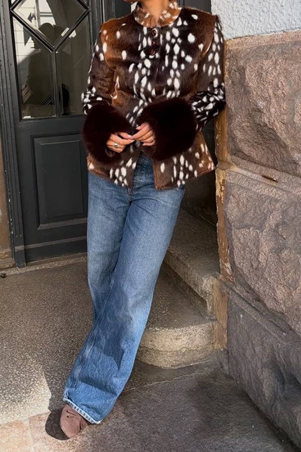 Vintage Spotted Fitted Faux Fur Short Jacket