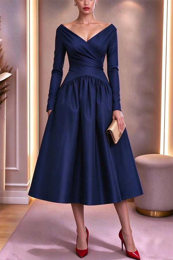 Evening Gown Satin V-neck Long Sleeve Fitted Waist Pocket Full Flared Midi Dress