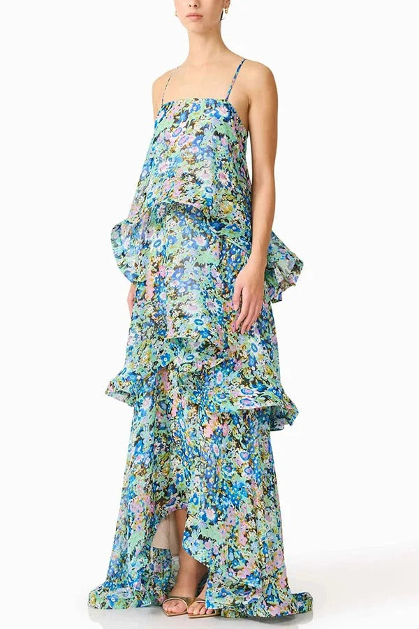 Armani Georgette Fabric Floral Print Tiered Slip Square Neck A-line Maxi Dress