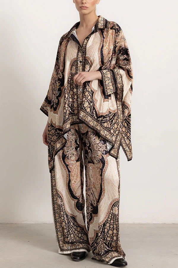 Julia Paisley Print Batwing Sleeve Irregular Hem Blouse and Elastic Waist Pocket Loose Pants Set