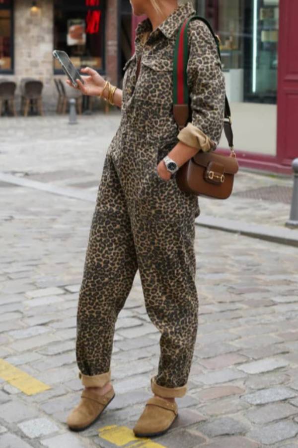 Leopard print jumpsuit with lapel