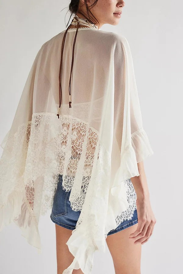 Fashionable Patchwork Lace Batwing Sleeve Loose Beach Cover Up