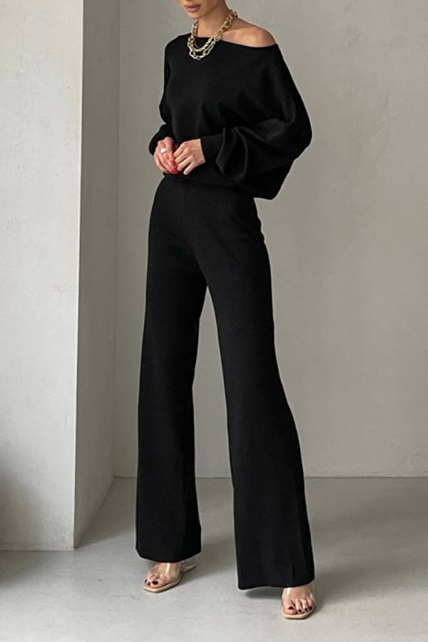 Off-shoulder knit wide-leg pants suit