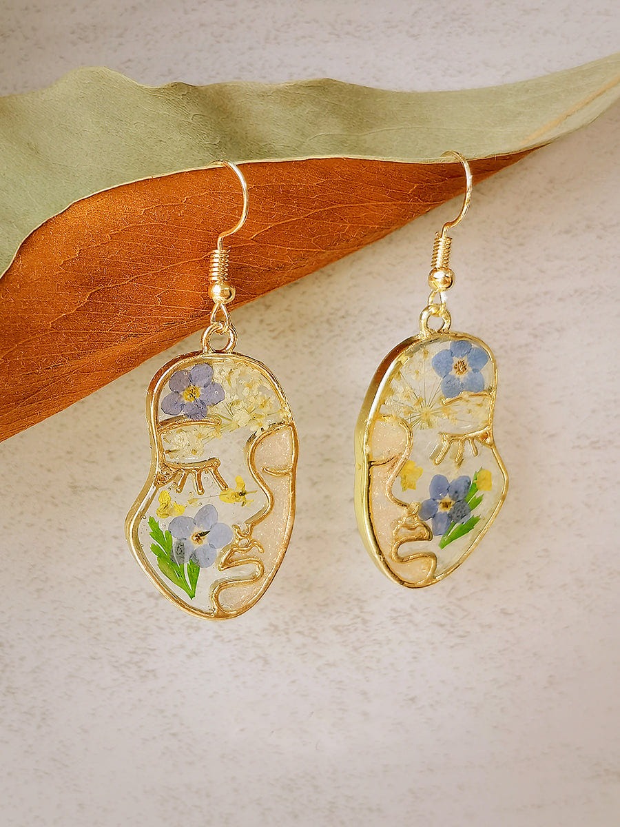 Pressed Flower Earrings -Abstract Face Forget Me Not Flower