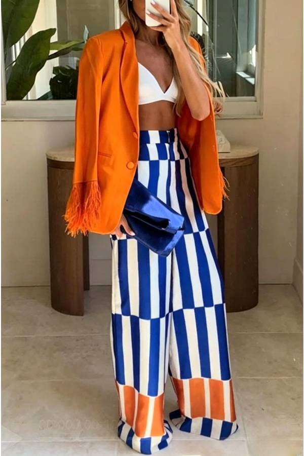 Chic Day Color-block Stripes Print High Rise Pocketed Wide Leg Pants