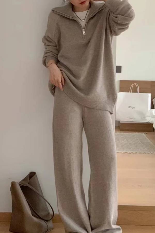 Casual Lapel Sweater and Wide-leg Pants Two-piece Suit