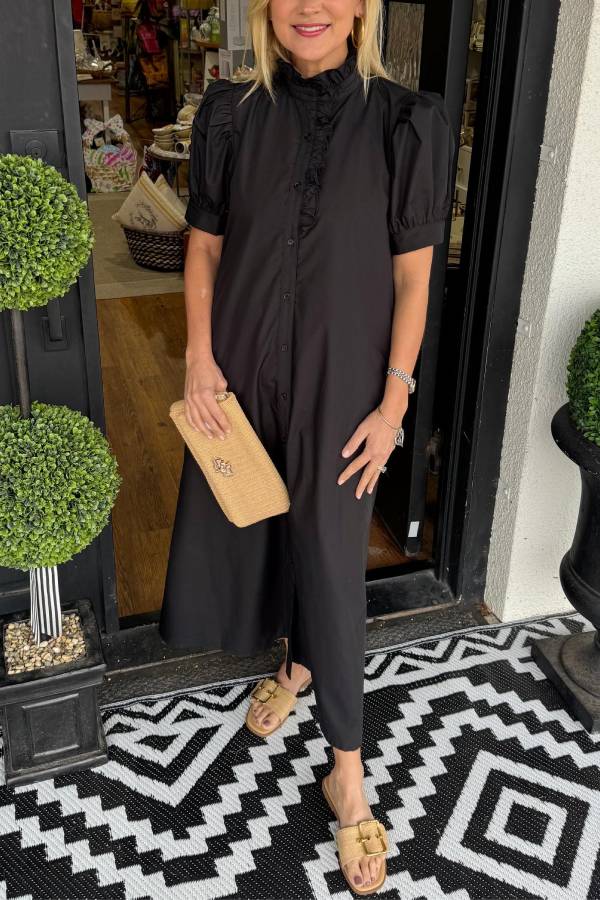 Women's Solid Puff Sleeve Button-Up Shirt Dress