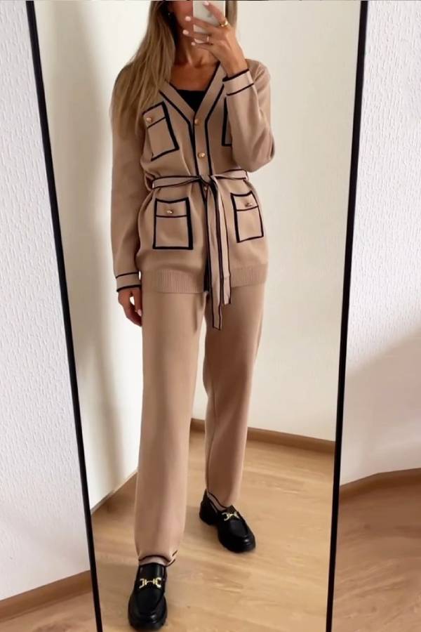 Elegant Color Contrast Two-piece Sweater Suit