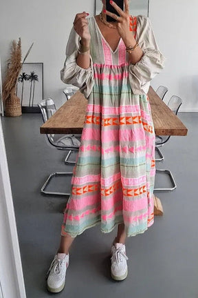 Whisked Away Geometric Color Block Printed A-line Midi Dress