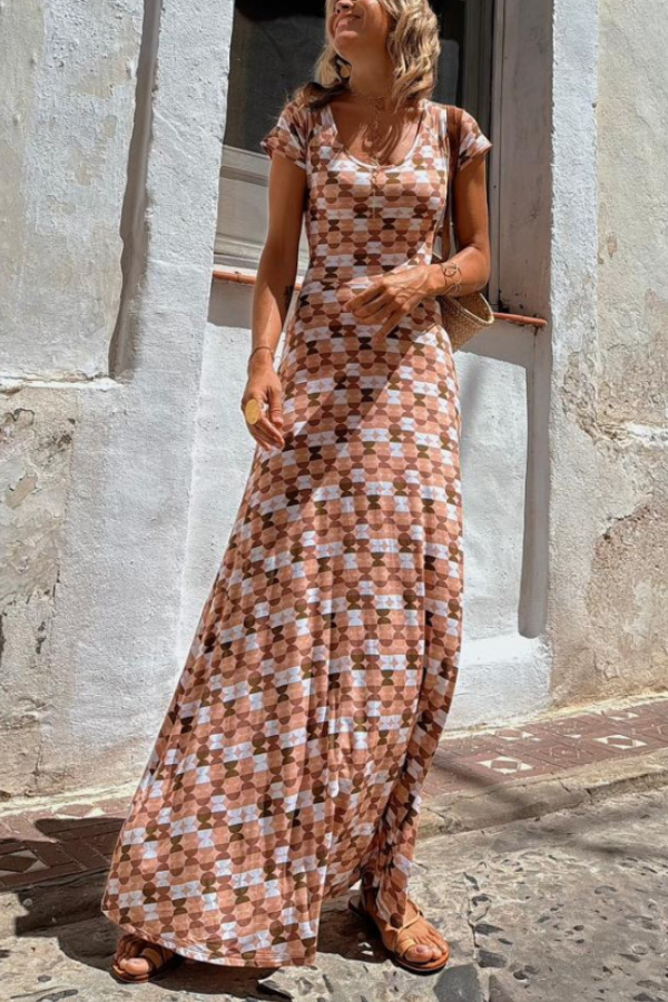 Salmon Regular Pattern Print Short Sleeve Maxi Dress