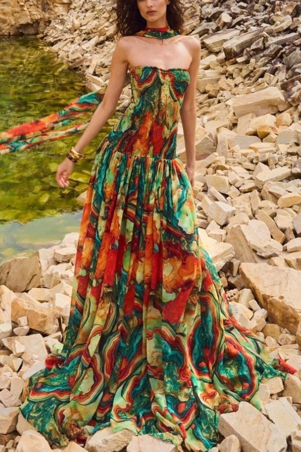 Vacay Vibes Colorful Lava Print Off Shoulder Smocked Scarf Maxi Dress