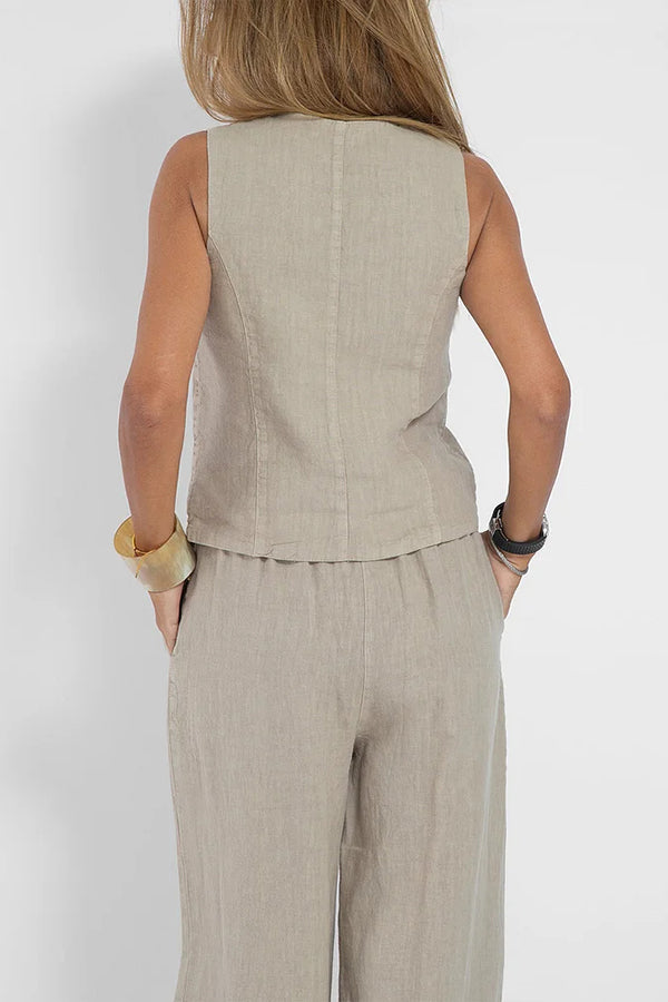 Women Casual Linen Waistcoat Two Set Suits