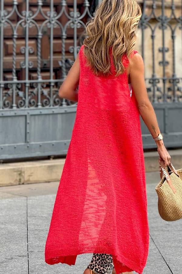 Coral Red Long Knitted Vest