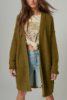 Green Casual Open Front Long Knit Cardigan