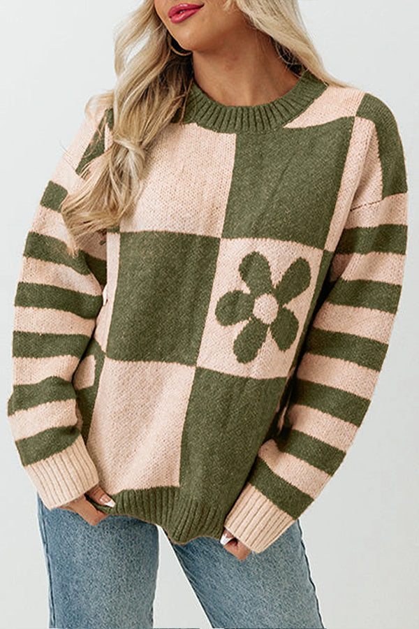 Checkered and Striped Knitted Pullover Sweater