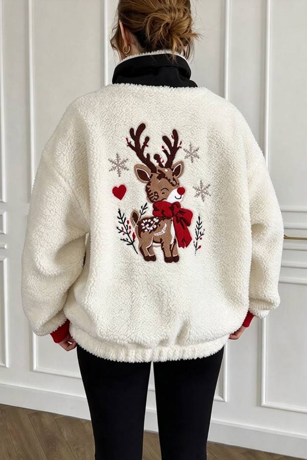 Christmas Reindeer Print Colorblock Trim High-Pile Fleece Zipper Half Neck Long Sleeve Pocket Sweatshirts