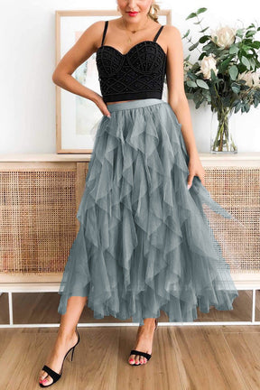 Fashionable solid color puffy mesh high waist slimming skirt