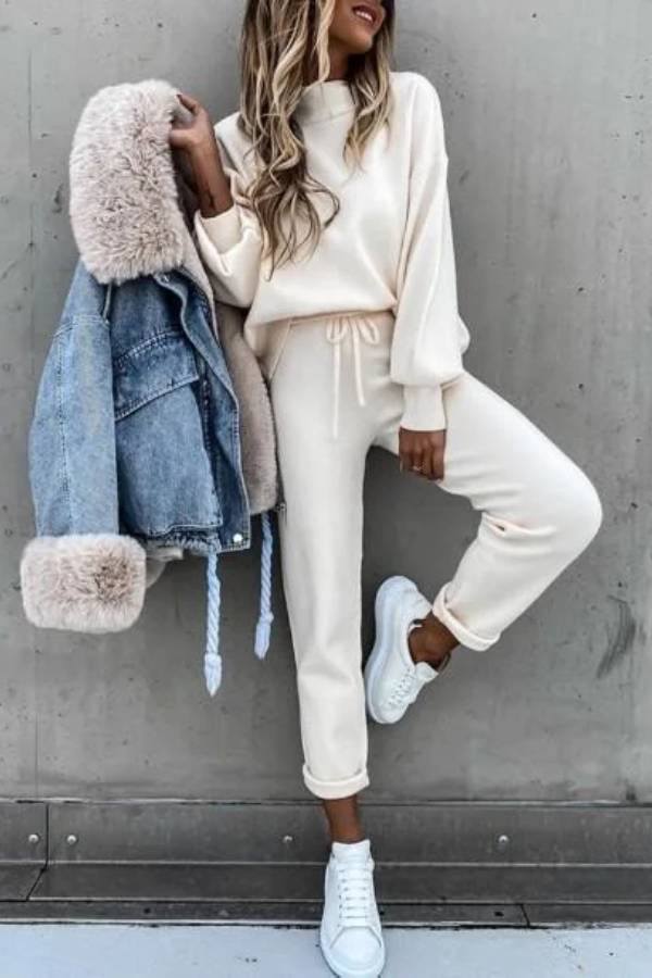 Casual Solid Color High Collar Pencil Pants Suits
